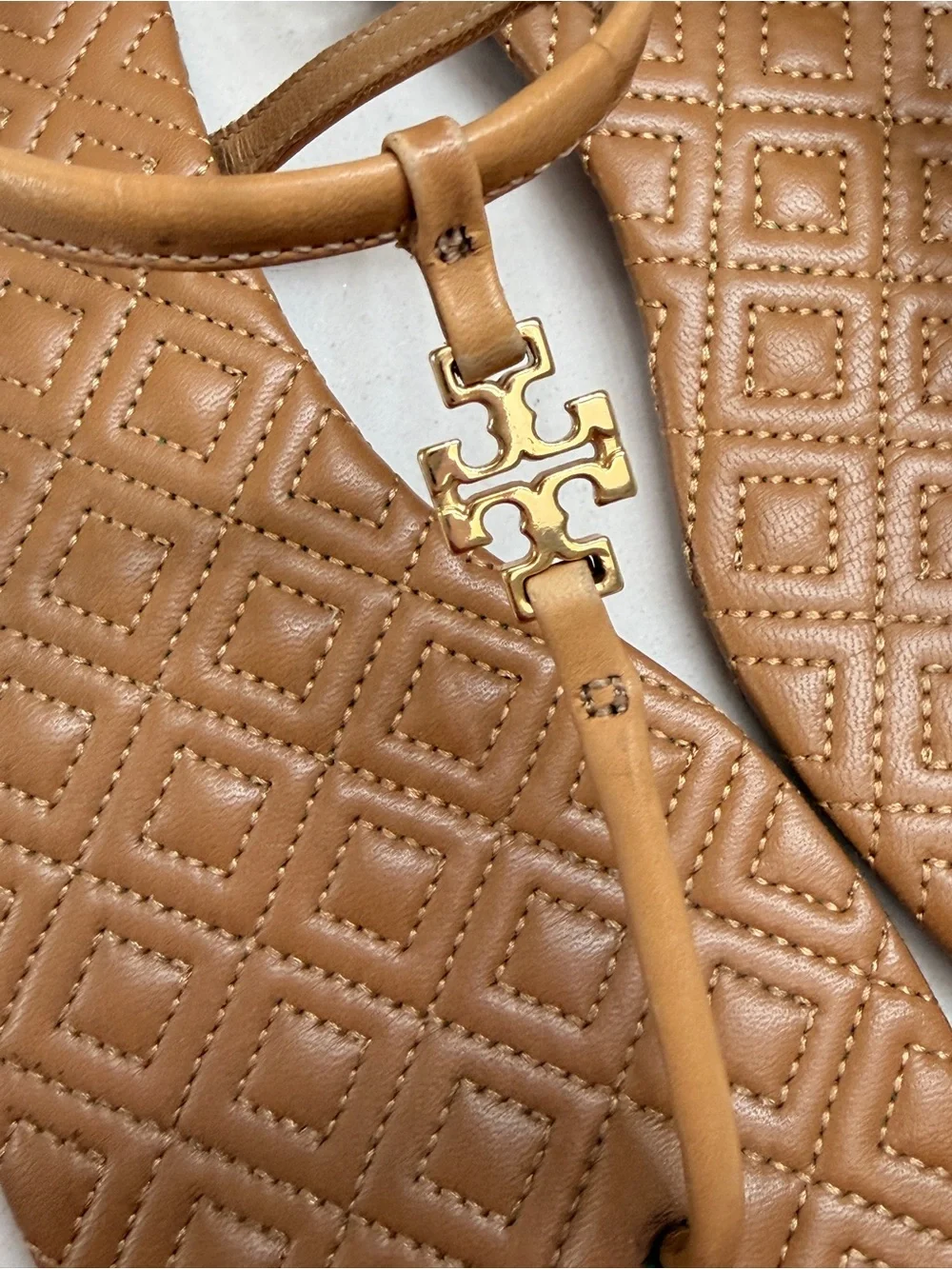 Tory Burch Tan Quilted T-Strap Sandals with Gold Logo Accent